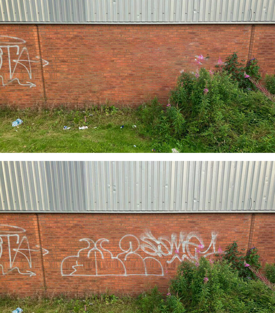 Before and after photo of graffiti removal by Kingdom Clear Before and after photo of graffiti removal by Kingdom Clear