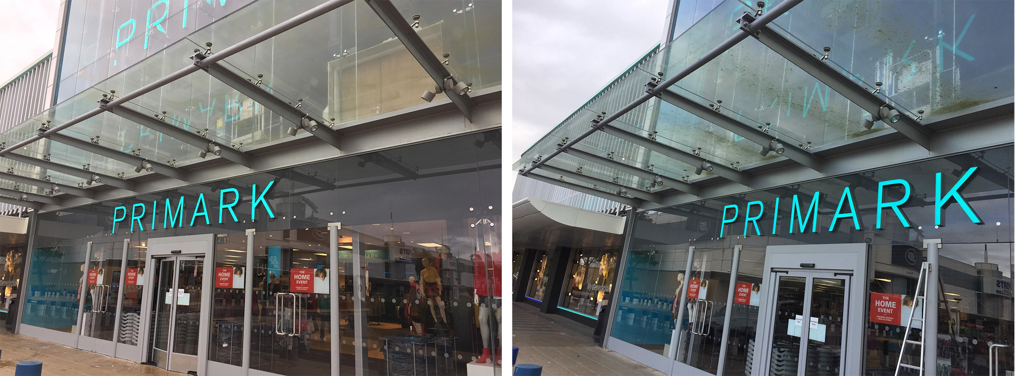 before-and-after-photos-of-primark-glass-frontage-dirty-and-clean-by-kingdom-clear Before and after photo of a Primark glass frontage cleaned by Kingdom Clear Ltd.