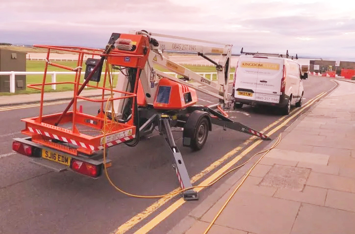 Kingdom Clear's machine access crew specialise in museums and galleries A hydraulic platform and van tasked with window cleaning for museums and galleries